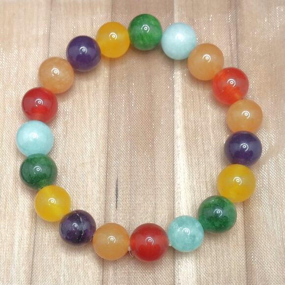 Multicolor Gemstone Bracelet Handmade 10mm Beaded Colorful Rainbow Stretch NEW - Picture 4 of 13